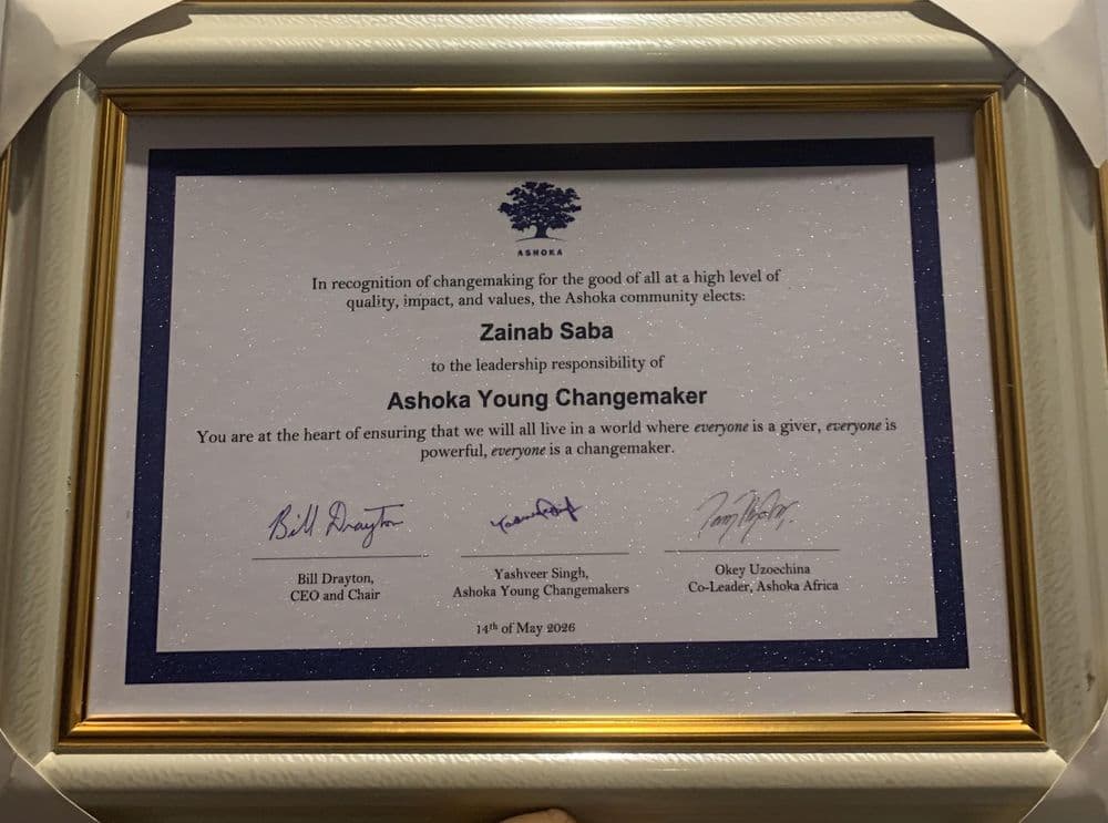 Ashoka Young Changemaker certificate for Zainab Saba, 14 May 2026