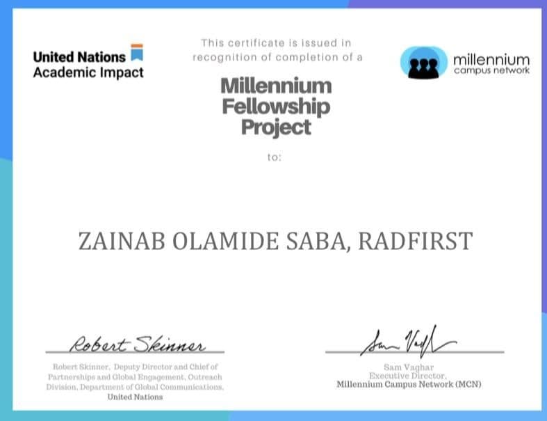 Millennium Fellowship Project certificate issued to Zainab Olamide Saba, RADFIRST